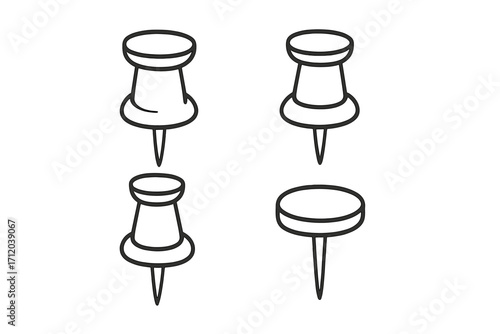 Pushpin icon set in a linear outline style. Thumbtack collection vector illustration. Office supply and stationery symbol for bulletin board, reminder, or attaching notes.