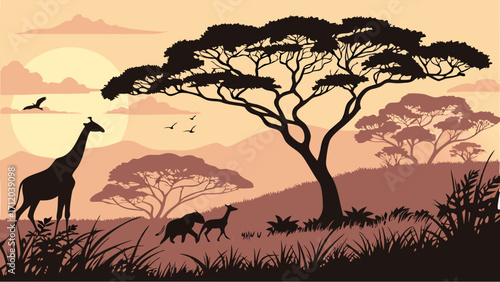 African savanna sunset landscape with giraffe antelope and acacia trees silhouettes.