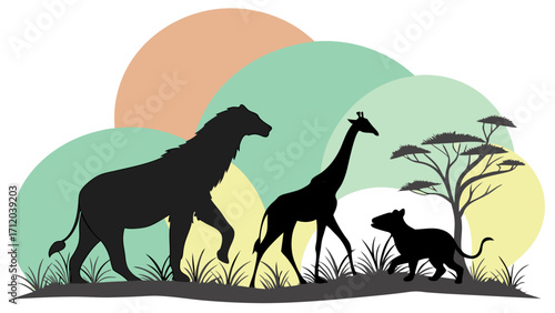 African savanna wildlife silhouettes big cat giraffe stylized landscape illustration nature scene vector art.