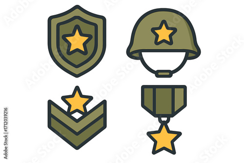 Military hero award icon set. Veterans day symbols. Army soldier helmet, medal of honor, rank chevron, and shield insignia. Flat cartoon vector illustration for patriotic design.