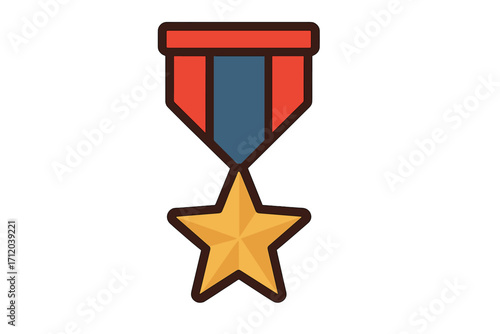 Hero award medal with a gold star. Military honor symbol for veterans day or memorial day. Flat cartoon vector illustration for victory, winner, and achievement concepts.