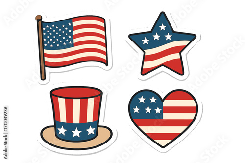 Patriotic USA sticker set for 4th of July. American flag, star, heart, and Uncle Sam hat icons. Independence Day symbol collection. Vintage retro vector graphic illustration.