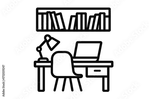 Workspace line icon. Home office interior with desk, chair, laptop and bookshelf. Workplace or study room concept. Vector illustration for remote work or freelance business.