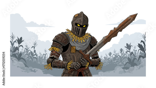 Ironclad Guardian of the Cornfield: A formidable knight stands resolute in a stylized cornfield. clad in rustic armor and wielding a large blade. The knight stands with an imposing presence.