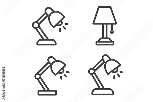 Desk lamp icon set. Linear style table lamps collection. Vector illustration for workspace, office, or library symbol. Reading light pictogram. Interior decor element.