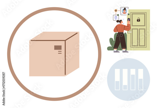 Cardboard box as main focus, person using a smart lock and biometric face recognition on a door, with simplified bar chart. Ideal for logistics, security, technology, e-commerce, smart homes