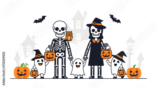Spooky Halloween Family Portrait: A delightfully quirky cartoon depicts a skeleton family, along with ghosts, celebrating Halloween with pumpkins and treats.