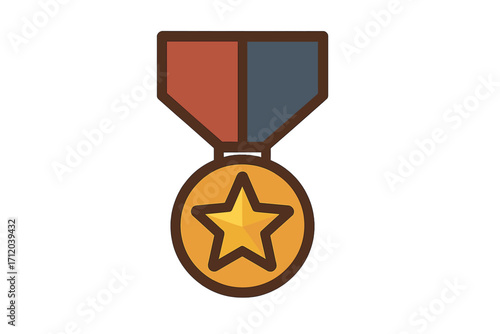 Military medal icon for Veteran's Day. Army award symbol of honor and victory. Golden star insignia for hero. Flat vector cartoon illustration for patriotic concepts.