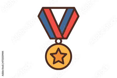 Award medal icon with star. Veterans Day, Memorial Day military symbol. Army insignia for honor, service, and achievement. Victory prize. Flat cartoon vector illustration.