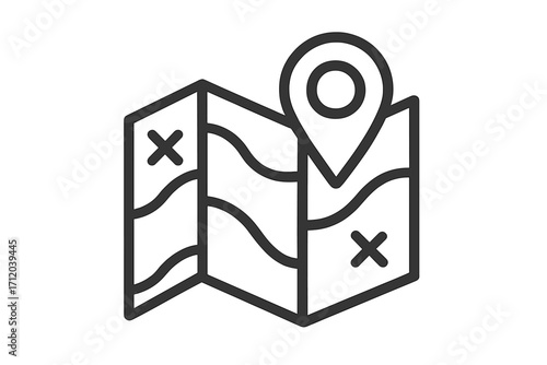 Map with location pin icon. Linear vector symbol for navigation, destination, and travel concepts. GPS marker on a folded map for direction, route guidance or treasure hunt.