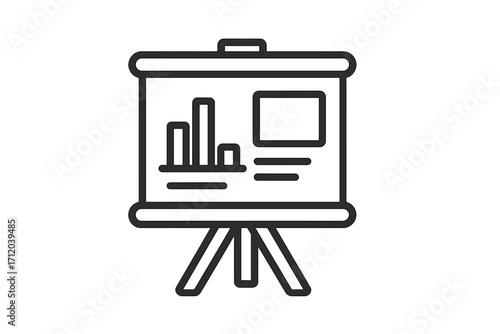 Presentation board icon with data chart for business analytics and marketing strategy. Flip chart for seminar, training, or report. Vector line art for infographic design.
