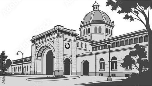 Architectural illustration of a grand building with a dome and arched entranceway.
