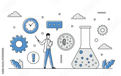 Scientist in laboratory with flask, bacteria, clock, gears, and chat bubble, representing biology research and scientific analysis, isolated on white background vector illustration