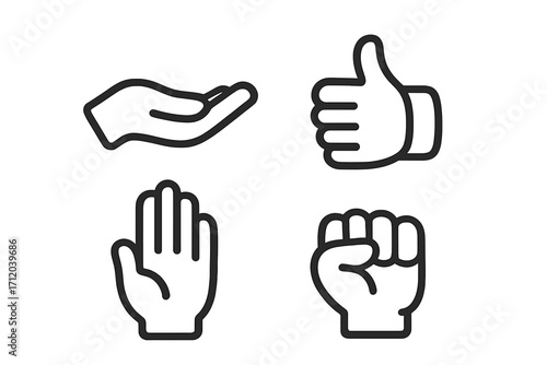 Hand gestures icon set. Linear symbols collection. Vector line art illustration. Thumbs up for like and approval. Stop palm, support fist, and giving open hand signs.