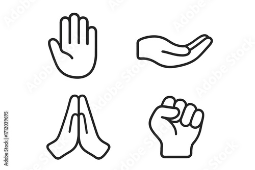 Hand gestures line icon set. Stop, pray, give, and fist. Vector symbols for communication, power, prayer, charity, protest, and help. Linear pictogram collection isolated.