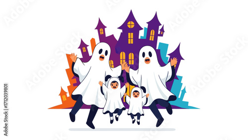 Spooky Halloween Family: A whimsical illustration of a family embracing the spirit of Halloween, adorned in playful ghost costumes, frolicking with glee against a backdrop of a haunted castle.