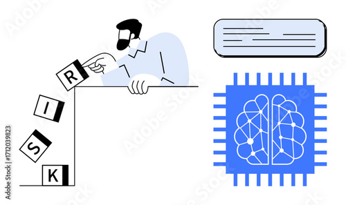 Person tipping risk blocks over edge, representing strategic decisions. AI chip with brain, text bubble for communication. Ideal for risk management, AI ethics, strategy, decision-making, innovation