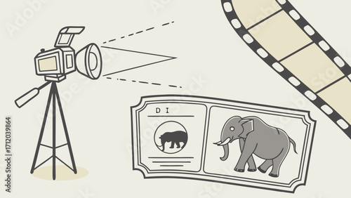 Movie Production Filmmaking Elephant Illustration Camera Equipment Ticket Stub Design.