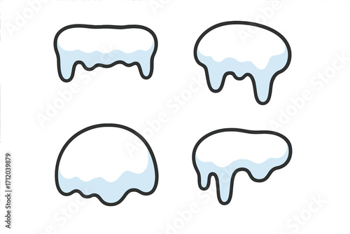 Set of isolated snow cap icons in flat cartoon style. Vector winter illustration of snowpiles, snowdrifts, and frozen ice elements. Cold decoration for Christmas design.