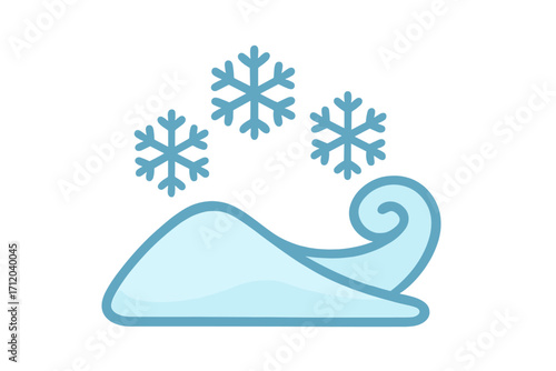 Snow drift and snowflakes icon. Winter weather symbol. Flat vector cartoon illustration for cold season, blizzard, or frosty day. Blowing wind on a snow pile. Xmas.