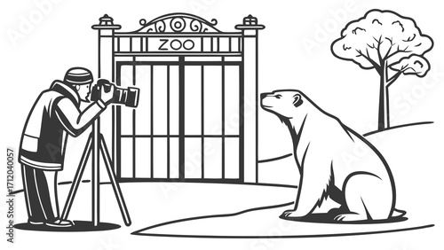 Photographer taking a picture of a polar bear at a zoo entrance.
