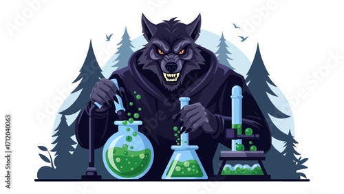 Wizardly Wolf Alchemist: A captivating illustration of a wolf dressed in a dark robe, mixing potions with focused precision in a mysterious lab setting.
