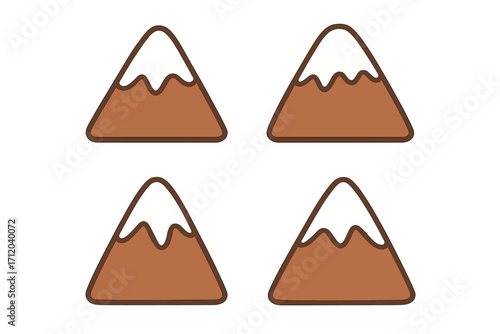 Mountain with snow cap vector icon set. Flat cartoon illustration for adventure and travel. Simple peak symbol for nature logo or winter design element. Isolated graphic asset.