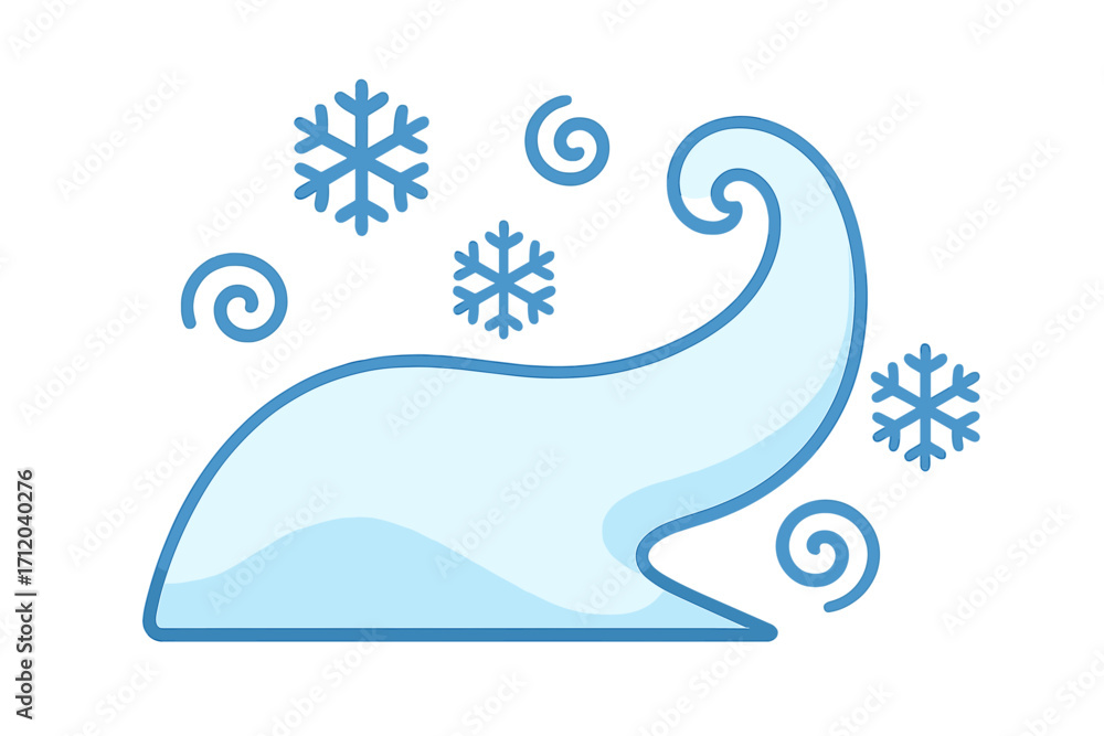 Snow drift icon. Winter blizzard wind, blowing snow and snowflakes. Cold weather symbol. Freeze, frost and storm cartoon vector illustration. Snowy climate element design.