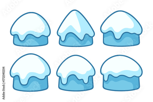 Winter snow caps and snowdrifts vector set. Cartoon snow pile flat icons for cold weather or christmas design. Frozen ice elements collection for game asset or animation.