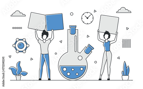 Two scientists holding books and signs surrounded by laboratory glassware, molecules, and plants in a blue monocolor style, science and research concept vector illustration