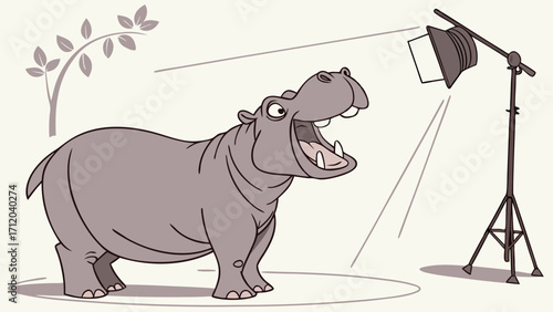 Cartoon Hippopotamus Photoshoot Studio Lighting Funny Animal Illustration Digital Art.