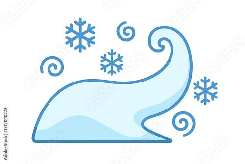 Snow drift icon. Winter blizzard wind, blowing snow and snowflakes. Cold weather symbol. Freeze, frost and storm cartoon vector illustration. Snowy climate element design.