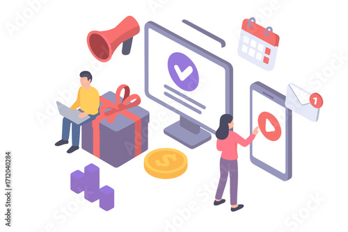 Subscription service business model isometric scene. Digital marketing campaign for customer acquisition and retention. Online promotion with video content, email newsletter, and bonus gift.