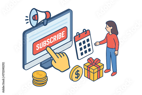 Subscription service isometric concept. Online membership promotion with woman and computer. E-commerce marketing scene with subscribe button, bonus gift, and recurring payment.