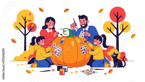 Family pumpkin decoration: A joyful family moment captured as they engage in painting a large pumpkin, preparing for the Halloween season, surrounded by vibrant autumn foliage.