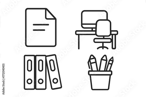 Office icon set, linear style. Work from home and business symbols. Workspace elements with desk, computer, chair, document, file binders, and pens. Freelance concept vector.