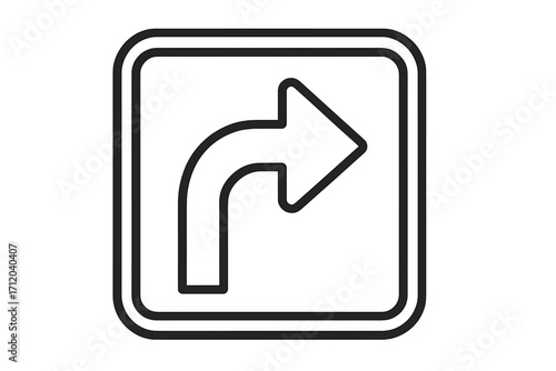 Directional arrow turning right icon. Road sign symbol for traffic navigation and route guidance. Simple linear pointer pictogram for maps and web applications. Path forward.