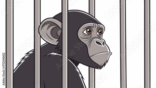 Sad primate behind bars captive animal illustration zoo wildlife conservation endangered species artwork.