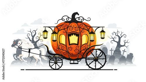 The Enchanted Carriage: A whimsical illustration of a pumpkin carriage, drawn by a graceful white horse, evokes a sense of fairytale magic.