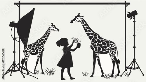 Child feeding giraffes in a studio photoshoot black and white silhouette illustration.