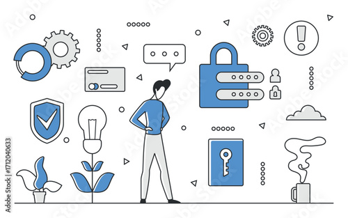 Modern banking security concept with lock, shield, credit card, and key icons, highlighting data protection, privacy, and safe transactions, isolated on white background vector illustration