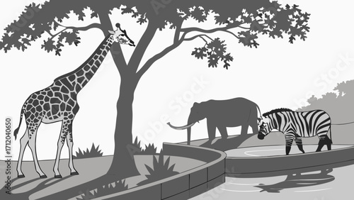 Safari Animals Silhouette Illustration Giraffe Elephant Zebra in Monochrome.