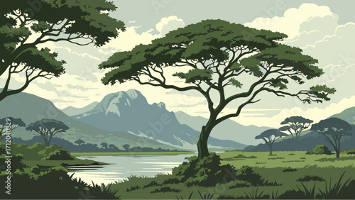 Serene Landscape with River Mountains and Trees A Picturesque Nature Scene for Design Projects.