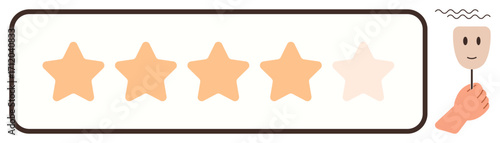 Five stars with one unfilled beside a hand holding a mask face. Ideal for feedback, review, customer satisfaction, evaluation, user response, opinion, and service quality concepts. Simple flat