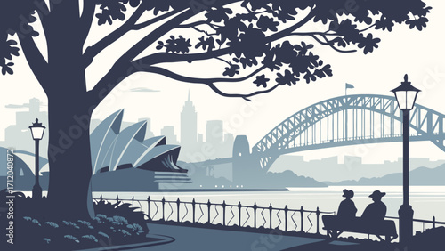 Silhouette of a couple sitting on a park bench overlooking a harbor with a cityscape bridge and iconic building in the background.