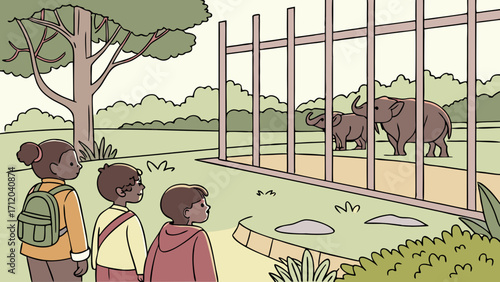 Children observing elephants at the zoo kids looking at animals behind a fence cartoon illustration of wildlife educational imagery for childrens books or websites.