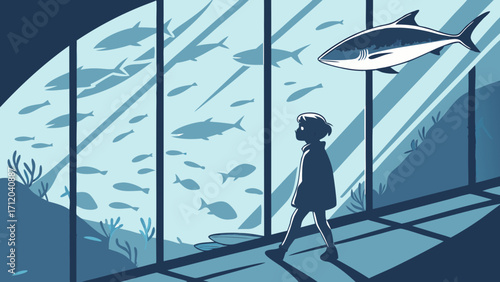 Silhouette of a person observing a large aquarium with various fish species.