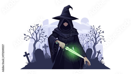 Mysterious Figure: A mysterious figure, cloaked in shadows and holding a mystical blade, stands amidst a graveyard under a dark and dramatic sky, evoking a sense of eerie intrigue. 