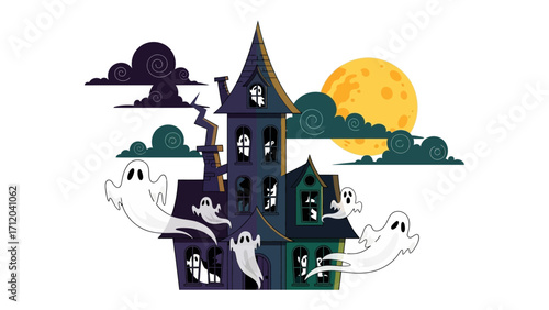 Spooky House & Ghostly Gatherings: A whimsical illustration of a haunted house comes alive with playful ghosts under a full moon and cloudy sky, perfect for Halloween and the spooky season.