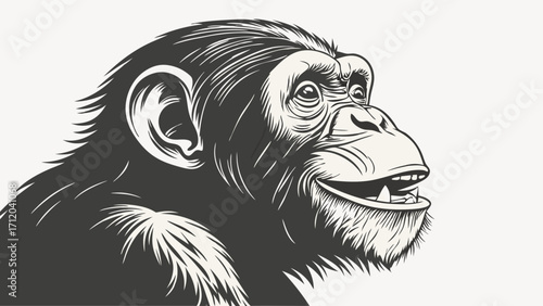 Smiling chimpanzee portrait black and white illustration primate head ape face animal drawing wildlife art zoology graphic design element vector illustration monochrome vintage style h.